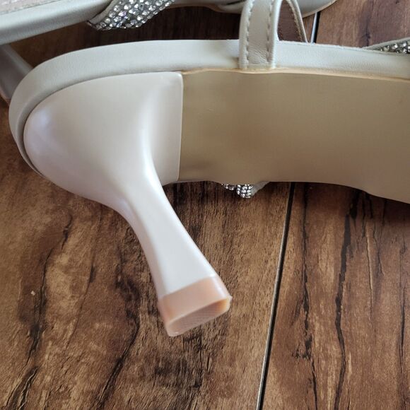 Womens Rhinestone Bow Kitten Heel Size 11 Nude Ankle Strap Slingback Pointed Toe - Picture 6 of 9